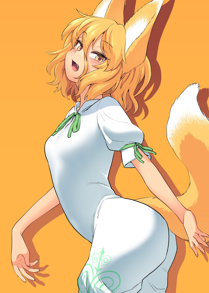 absurdres animal_ears blonde_hair blush breasts commentary_request cowboy_shot female fox_ears fox_girl fox_tail fuuzasa green_ribbons hair_between_eyes highres kudamaki_tsukasa long_bangs looking_at_viewer neck_ribbon oerba_yun_fang open_mouth orange_background ribbon short_hair simple_background sleeve_ribbon small_breasts smile solo tail touhou white_romper yellow_eyes