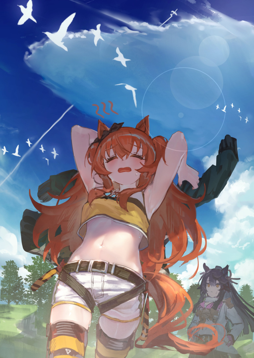 2girls absurdres animal_ears armpits bare_arms belt bird blue_sky blush closed_eyes cloud cloudy_sky commentary_request cowboy_shot crop_top day facing_viewer flock furrowed_brow highres horse_ears horse_girl horse_tail hot jacket lens_flare long_hair mayano_top_gun_(umamusume) midriff multiple_girls narita_brian_(umamusume) navel open_mouth orange_hair outdoors short_shorts shorts sky sleeveless solo_focus stomach sweat tail tree umamusume unworn_jacket white_shorts yu_hydra