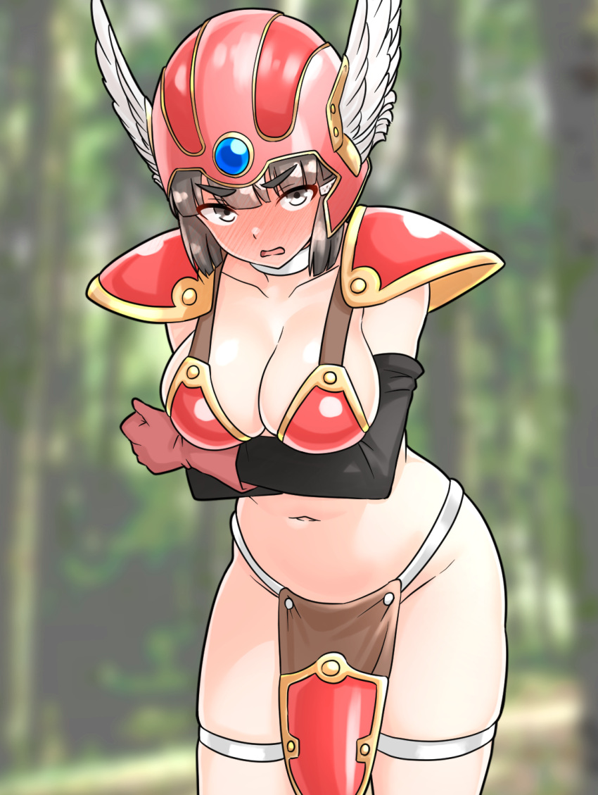 armor bikini bikini_armor blurry blurry_background breasts brown_eyes brown_hair cosplay day dragon_quest dragon_quest_iii female forest furaggu_(frag_0416) gloves helmet highres kantai_collection large_breasts leaning_forward myoukou_(kancolle) nature navel outdoors pauldrons red_armor red_bikini red_gloves shoulder_armor soldier_(dq3) soldier_(dq3)_(cosplay) solo standing swimsuit tabard winged_helmet