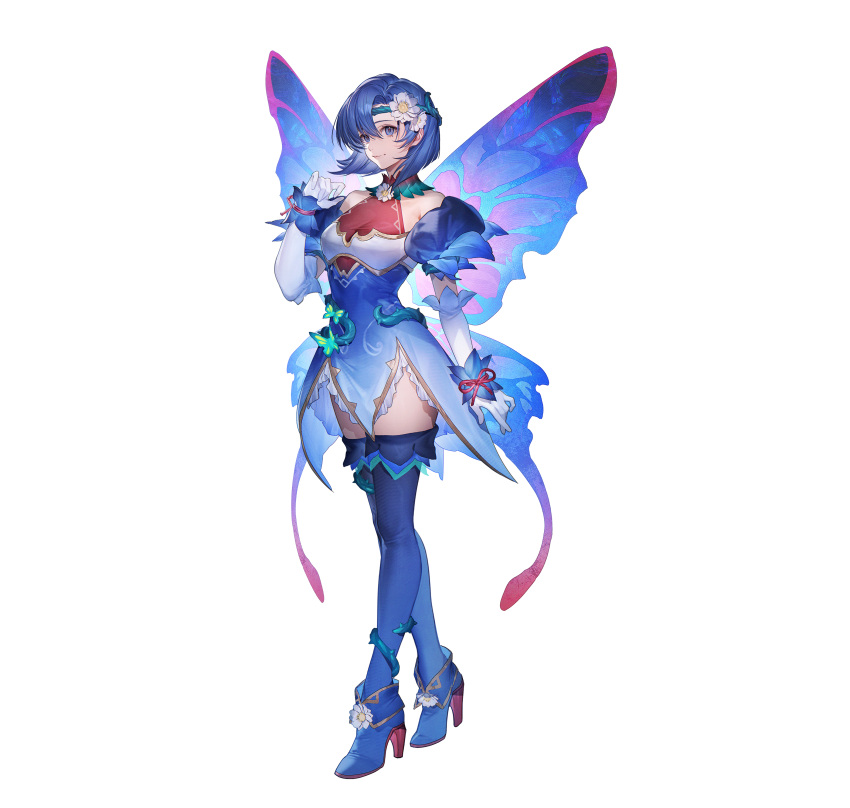 absurdres blue_eyes blue_footwear blue_hair bob_cut boots catria_(fire_emblem) catria_(resplendent)_(fire_emblem) elbow_gloves fairy_wings female fire_emblem fire_emblem:_mystery_of_the_emblem fire_emblem_heroes gloves high_heel_boots high_heels highres inverted_bob official_alternate_costume official_art puffy_short_sleeves puffy_sleeves short_hair short_sleeves smile solo tachi-e thigh_boots white_gloves wings