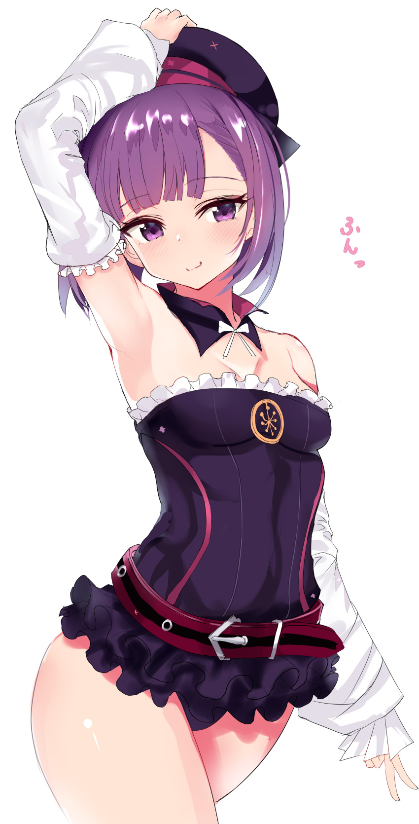 absurdres arm_up armpits bare_shoulders belt beret black_dress black_hat breasts commentary_request cowboy_shot detached_collar detached_sleeves dress fate/grand_order fate_(series) female hanasaka_houcha hand_on_own_hat hat helena_blavatsky_(fate) highres looking_at_viewer purple_eyes purple_hair short_hair simple_background smile solo strapless strapless_dress thick_thighs thighs translation_request v white_background white_sleeves