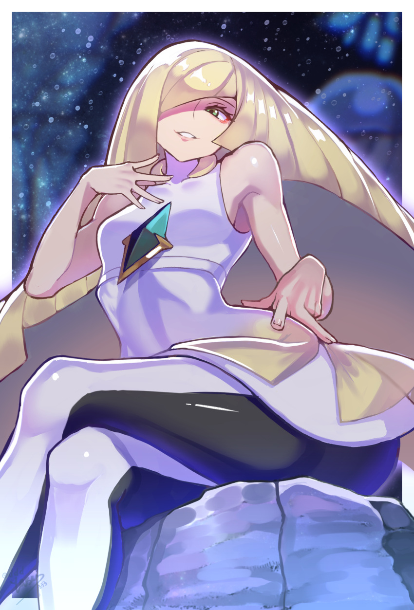 absurdres bare_shoulders black_leggings blonde_hair dress eyelashes female green_eyes hair_over_one_eye highres leggings long_hair looking_to_the_side lusamine_(pokemon) nihilego parted_lips pokemon pokemon_(creature) pokemon_sm sitting sleeveless sleeveless_dress two-tone_legwear very_long_hair white_dress white_leggings yasu_suupatenin