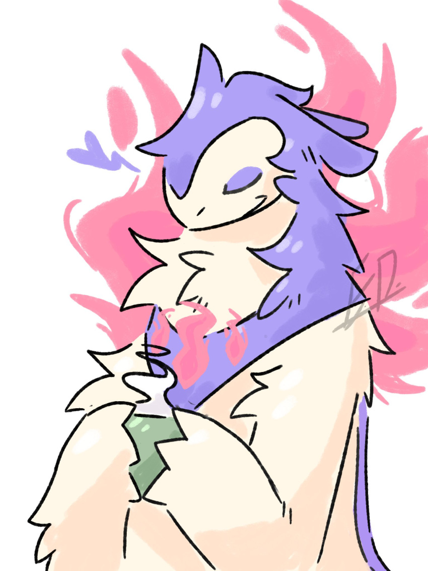 2023 3:4 ambiguous_gender anthro casual_nudity cel_shading chest_tuft closed_eyes closed_smile container cup digital_media_(artwork) fingers fire fur generation_2_pokemon half-length_portrait happy heart_symbol hi_res holding_container holding_cup holding_mug holding_object mammal mouth_closed mug multicolored_body multicolored_fur nintendo nude onlyygaru pokemon pokemon_(species) portrait purple_body purple_fur shaded signature simple_background smile snout solo steam tan_body tan_fur three-quarter_view tuft typhlosion white_background