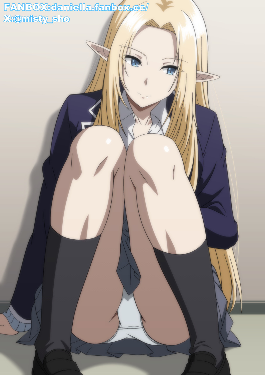 alpha_(kage_no_jitsuryokusha_ni_naritakute!) blonde_hair blue_eyes blue_jacket closed_mouth contemporary elf female grey_skirt highres jacket kage_no_jitsuryokusha_ni_naritakute! knees_up long_hair looking_to_the_side makiri_akira panties pantyshot pleated_skirt pointy_ears school_uniform shirt sitting skirt smile solo underwear very_long_hair white_panties white_shirt