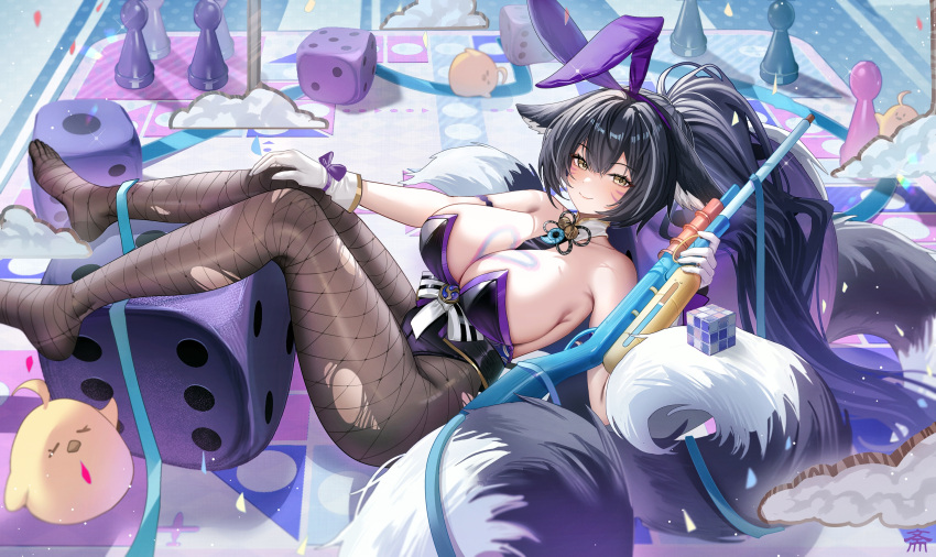 absurdres animal_ears azur_lane black_pantyhose blush board_game breasts cleavage commentary_request dice facial_mark fake_animal_ears female fishnet_pantyhose fishnets floppy_ears fox_ears fox_girl gloves heart_on_chest highres holding_toy_gun kitsune kyuubi large_breasts leotard long_hair looking_at_viewer manjuu_(azur_lane) multiple_tails musashi_(azur_lane) pantyhose ponytail rabbit_ears simple_background strapless strapless_leotard tail tansuan_(ensj3875) torn_clothes torn_pantyhose very_long_hair white_gloves yellow_eyes