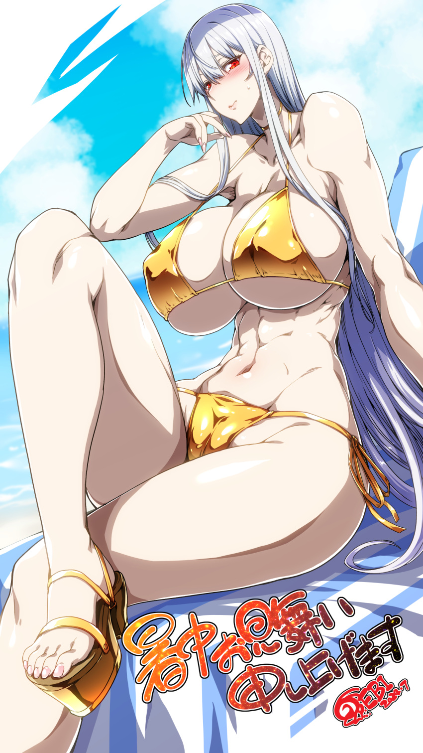 abs absurdres armpit_crease beach bikini blue_sky blush breasts cameltoe cleavage closed_mouth cloud covered_nipples ebido eyelashes feet female fingernails foot_out_of_frame from_below furrowed_brow gold_bikini gold_choker hair_between_eyes highres huge_breasts knee_up legs long_fingernails looking_at_viewer looking_down looking_to_the_side medium_bangs nail_polish navel nose_blush outdoors pink_nails platform_footwear red_eyes selvaria_bles senjou_no_valkyria_(series) senjou_no_valkyria_1 shochuumimai sidelocks sitting sky small_head solo straight_hair string sweatdrop swimsuit thighs toenail_polish toenails toes toned toned_female towel translation_request underboob very_long_sidelocks white_hair