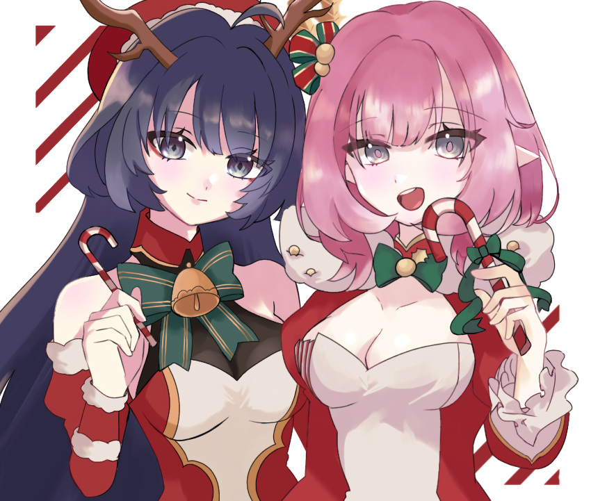 2girls bare_shoulders bell blue_eyes breasts candy candy_cane christmas cleavage dress elysia_(honkai_impact) fake_antlers food fuka_(_ilouxs2) hair_ornament highres holding holding_candy holding_candy_cane holding_food honkai_(series) honkai_impact_3rd large_breasts multiple_girls neck_bell open_mouth pink_hair purple_hair raiden_mei red_dress santa_dress see-through see-through_cleavage teeth two-tone_dress upper_body upper_teeth_only white_background white_dress