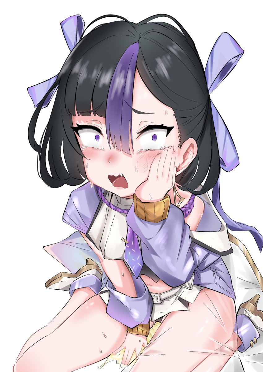 absurdres black_hair crying crying_with_eyes_open female goddess_of_victory:_nikke hair_ribbon highres jacket looking_at_viewer multicolored_hair peeing peeing_self purple_eyes purple_jacket purple_ribbon pyoru_usagi_piyo ribbon sitting skirt slap_mark slap_mark_on_face solo surprised syuen_(nikke) tears wariza