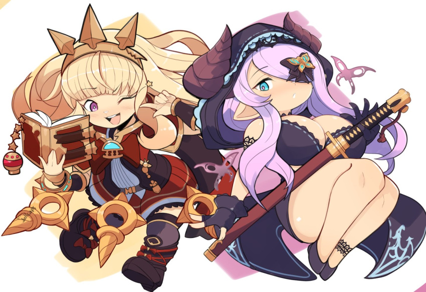 2girls :d :o aqua_eyes black_footwear blonde_hair blunt_bangs blush book boots breasts bright_pupils cagliostro_(granblue_fantasy) cleavage deformed draph flat_chest full_body granblue_fantasy hair_ornament hair_over_one_eye headband high_heels holding holding_book holding_sword holding_weapon hood horns jellcaps katana large_breasts looking_at_viewer multiple_girls narmaya_(granblue_fantasy) narmaya_(the_black_butterfly)_(granblue_fantasy) official_alternate_costume one_eye_closed parted_lips pink_pupils pointy_ears purple_eyes purple_hair scabbard sheath simple_background smile sword weapon white_background white_pupils