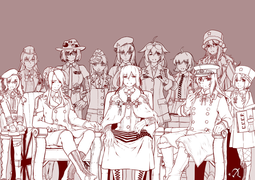 6+girls absurdres american_flag boots bren_(girls'_frontline) candy capelet chair commentary_request cowboy_hat dp28_(girls'_frontline) eyewear_on_head flag food fur-trimmed_capelet fur_trim girls'_frontline glasses gloves hat highres historical_event jacket jacket_on_shoulders lee-enfield_(girls'_frontline) lollipop long_hair long_sleeves looking_at_viewer m1911_(girls'_frontline) m1918_(girls'_frontline) m1919a4_(girls'_frontline) m1_garand_(girls'_frontline) military military_hat military_uniform monochrome monocle mosin-nagant_(girls'_frontline) multiple_girls necktie parody ppsh-41_(girls'_frontline) real_life short_hair sitting soviet_flag springfield_(girls'_frontline) sten_mkii_(girls'_frontline) thompson_(girls'_frontline) twintails uniform world_war_ii yalta_conference z.s.w.