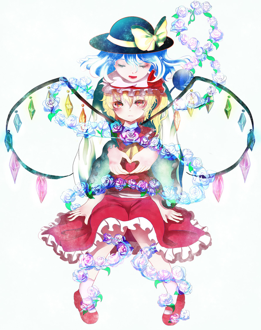 2girls alternate_hair_color ascot bad_hands blonde_hair blouse blue_hair bow closed_eyes commentary_request expressionless flandre_scarlet floating_hair flower hat hat_bow hat_ribbon heart heart_hands highres hug hug_from_behind knees_together_feet_apart komeiji_koishi long_sleeves mary_janes mob_cap multiple_girls omin_(risabon) open_mouth red_eyes red_footwear red_skirt ribbon rose shirt shoes short_hair side_ponytail sitting skirt socks touhou transparent_flower wings