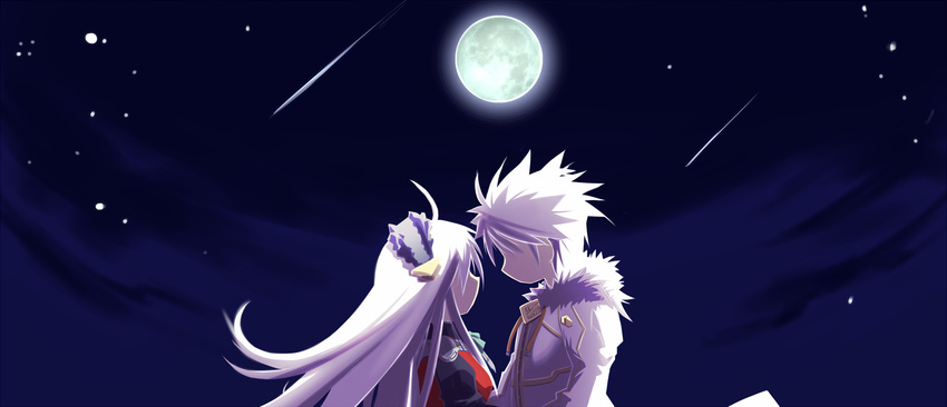 1boy bad_id bad_pixiv_id borrowed_character couple female full_moon hakoniwa_tsuka highres long_hair mifuyu_(hakoniwa_tsuka) misumi_(nanaroku) moon night pixiv_fantasia pixiv_fantasia_sword_regalia shooting_star short_hair sky star_(sky) straight