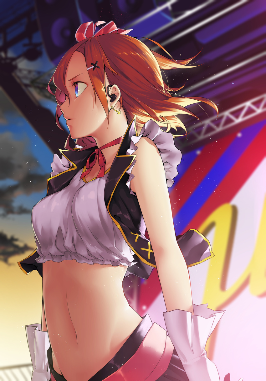 absurdres arms_at_sides bad_id bad_pixiv_id black_skirt blue_eyes bow brown_hair cloud crop_top dark_clouds earrings female frilled_sleeves frills gloves hair_between_eyes hair_ornament hairbow hairclip headset heart heart_earrings highres idol jewelry kosaka_honoka looking_to_the_side love_live! love_live!_school_idol_project midriff navel neko7 no_brand_girls open_clothes open_vest photoshop_(medium) pleated_skirt red_ribbon ribbon serious shirt short_hair short_sleeves skirt solo speaker stage standing sunset twilight vest white_gloves white_shirt wind