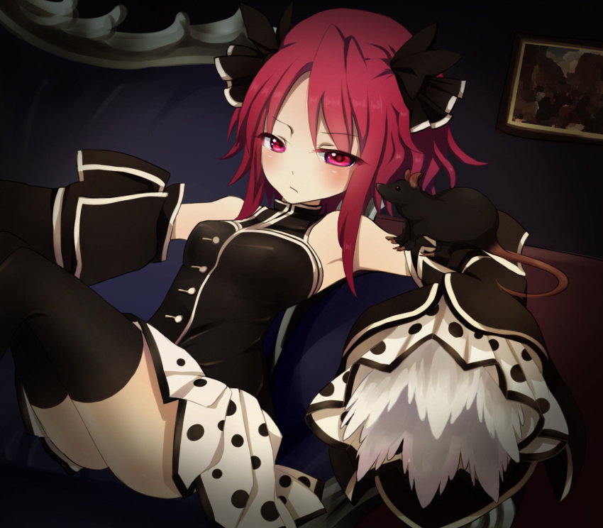 :/ animal_on_arm armpits ass bad_id bad_pixiv_id bare_shoulders black_ribbon black_shirt black_thighhighs blush covered_nipples female hair_ribbon highres indoors knees_up leaning_back looking_at_viewer mondaiji-tachi_ga_isekai_kara_kuru_sou_desu_yo? oninaart painting_(object) pest_(mondaiji) photoshop_(medium) picture_frame polka_dot polka_dot_skirt polka_dot_sleeves red_eyes red_hair ribbon shirt short_hair_with_long_locks sitting skin_tight skirt solo thighhighs very_long_sleeves wide_sleeves