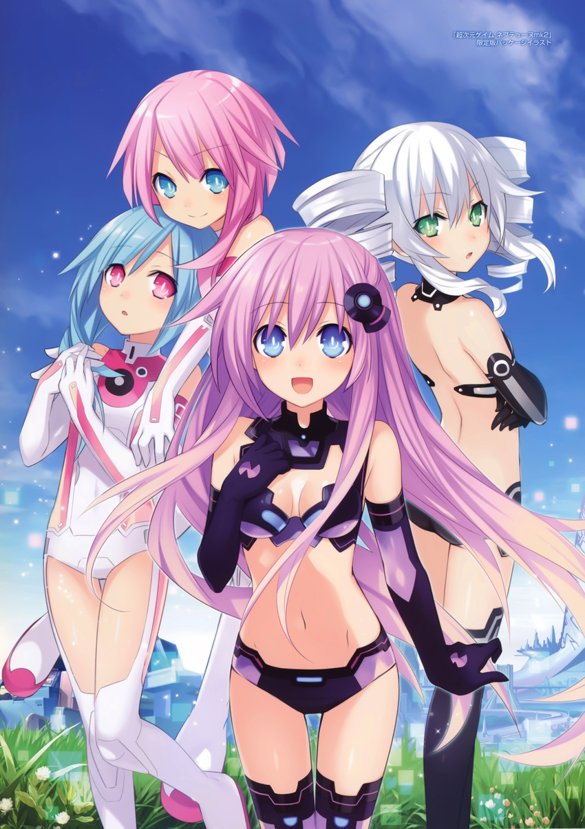 4girls :d :o absurdres back bare_shoulders black_gloves black_sister blue_eyes blue_hair blush boots breasts building choujigen_game_neptune_mk2 cleavage cleavage_cutout clothing_cutout copyright_name day drill_hair elbow_gloves emblem flower gloves gradient_hair grass green_eyes hair_ornament hand_on_own_chest highres leotard light_particles long_hair looking_at_viewer looking_back medium_breasts midriff multicolored_hair multiple_girls navel nepgear neptune_(series) official_art open_mouth outdoors own_hands_together pink_eyes pink_hair power_symbol power_symbol-shaped_pupils purple_hair purple_sister revealing_clothes smile standing symbol-shaped_pupils thigh_gap thighhighs tsunako twin_drills very_long_hair white_gloves white_hair white_sister_ram white_sister_rom