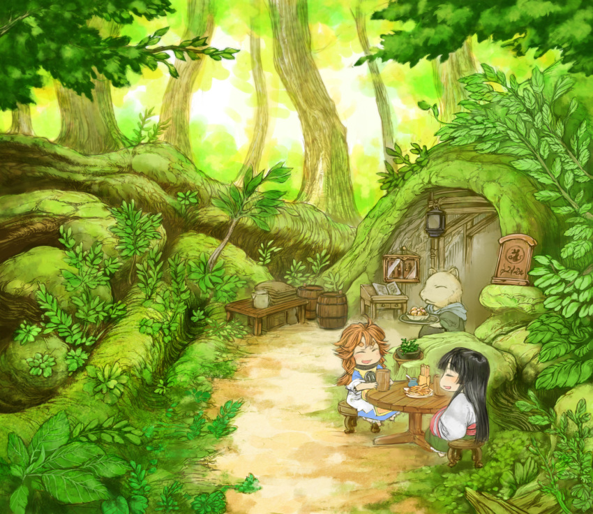 2girls :< :d barrel black_hair blush cabinet cervus character_request closed_eyes commentary_request cup door dress food forest grass green_theme hakumei_(hakumei_to_mikochi) hakumei_to_mikochi highres japanese_clothes lantern long_hair long_sleeves mikochi_(hakumei_to_mikochi) mini_person minigirl mouse_(animal) multiple_girls nature open_mouth orange_hair outdoors path plant plant_roots potted_plant road sash sign sitting smile stool table tree wide_shot