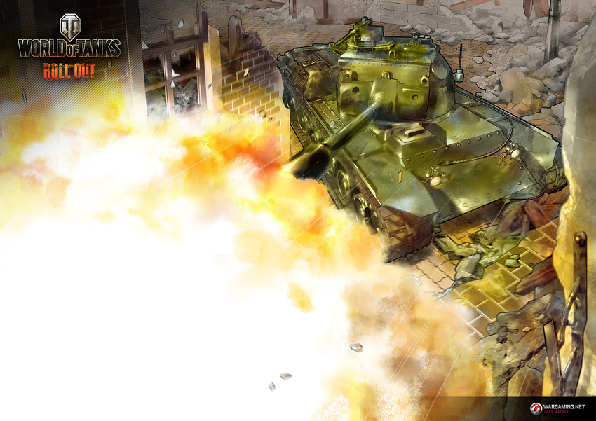 caterpillar_tracks commentary english_commentary explosion highres inou_takashi military military_vehicle motor_vehicle no_humans official_art ruins sta-1 tank vehicle_focus wargaming_japan window world_of_tanks