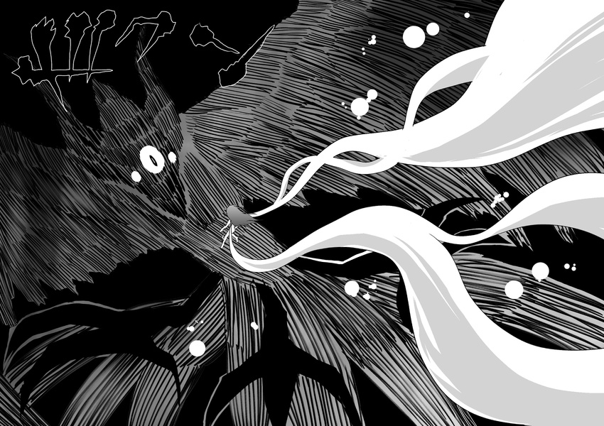 bad_id bad_pixiv_id bird commentary_request female greyscale highres long_hair looking_at_another monochrome niiko_(gonnzou) nude one-eyed reiuji_utsuho silhouette touhou wings yatagarasu