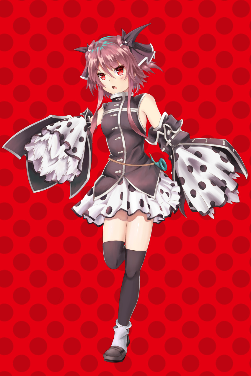 :o absurdres bare_shoulders black_ribbon black_shirt black_thighhighs blush commentary_request female hair_ribbon highres horn_(instrument) mondaiji-tachi_ga_isekai_kara_kuru_sou_desu_yo? pest_(mondaiji) polka_dot polka_dot_background polka_dot_skirt polka_dot_sleeves purple_hair red_background red_eyes ribbon shirt short_hair_with_long_locks skirt solo standing standing_on_one_leg thighhighs very_long_sleeves wide_sleeves xiniu_r&f_(lande_hua_hua)