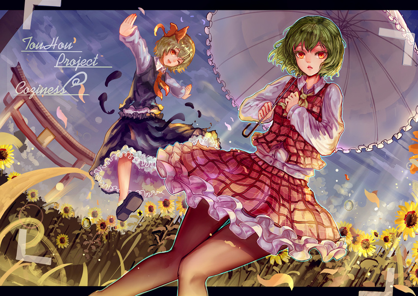 2girls after_rain ascot aura backlighting black_footwear black_skirt blonde_hair blue_sky bow bubble clothes_lift cloud collared_shirt commentary_request darkness english_text field floating flower flower_field frilled_skirt frills from_below garden_of_the_sun grass green_hair hairbow kazami_yuuka kiyomasa_ren knees_together_feet_apart legs letterboxed light_particles light_rays lips long_sleeves looking_at_viewer multiple_girls nose one_eye_closed open_mouth orange_eyes outdoors outstretched_arms pantyhose parasol parted_lips perspective petals plaid plaid_skirt plaid_vest rumia shirt shoes short_hair skirt skirt_lift sky socks sunflower sunflower_field sunlight thighs torii touhou umbrella vest wind