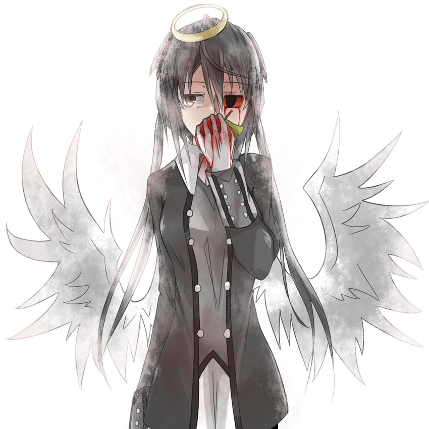 alela_grora_(funamusea) angel angel_wings apple black_dress black_hair blood blood_on_face commentary_request dress eyepatch female food fruit funamusea gloves haiiro_teien halo highres long_hair namazu_(yitingyiduyibei) solo twintails unworn_eyepatch wings