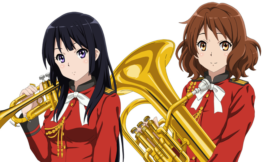 2girls amagi_brilliant_park black_hair brown_eyes brown_hair commentary_request company_connection cosplay cp9a euphonium hibike!_euphonium highres instrument kousaka_reina kyoto_animation long_hair multiple_girls oumae_kumiko photoshop_(medium) purple_eyes sento_isuzu sento_isuzu_(cosplay) short_hair trumpet