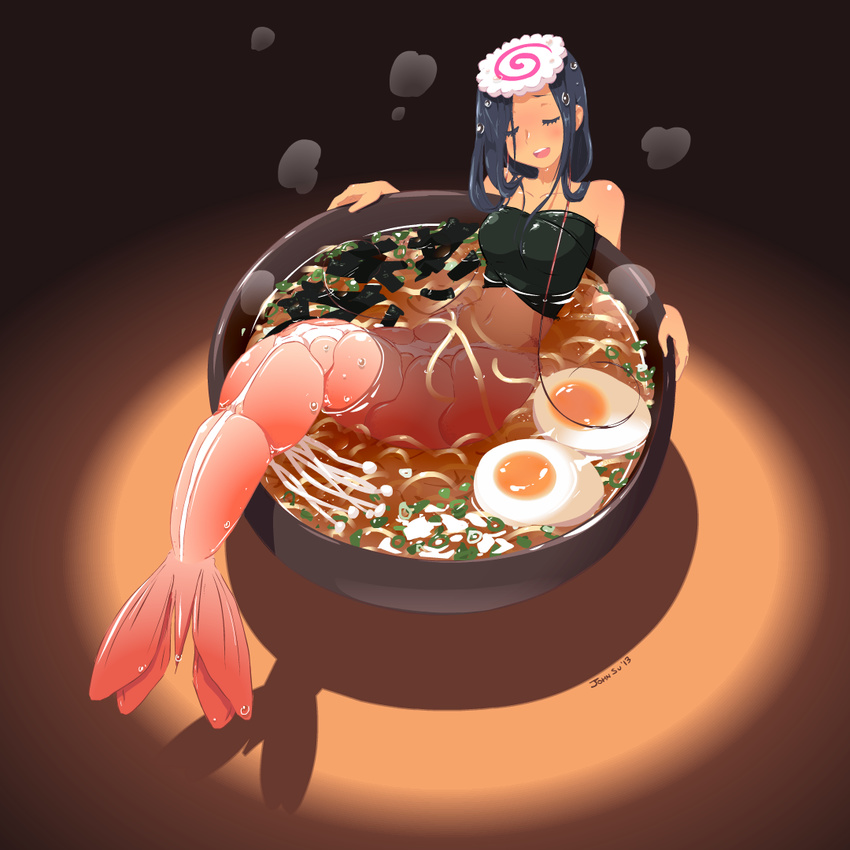 antennae black_hair blush bowl closed_eyes commentary egg egg_(food) english_commentary female food hardboiled_egg in_bowl in_container in_food john_su kamaboko long_hair mermaid midriff mini_person minigirl monster_girl narutomaki navel noodles nori_(seaweed) open_mouth original ramen shrimp shrimp_girl solo