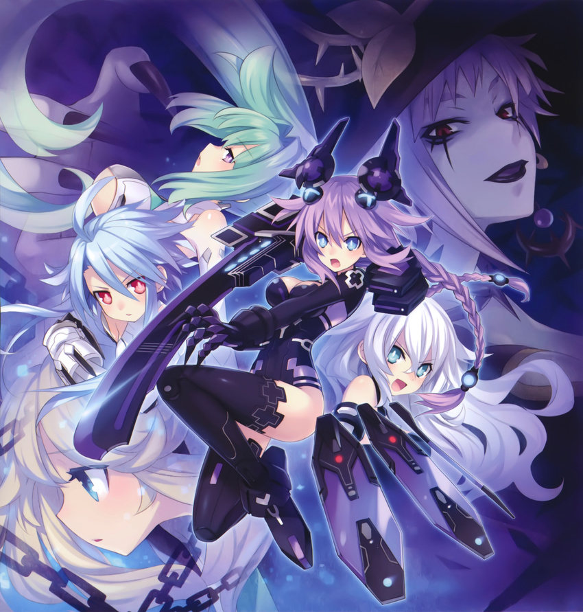 6+girls :d absurdres ahoge bare_shoulders black_gloves black_heart_(neptunia) black_leotard black_thighhighs blonde_hair blue_eyes blue_hair blush boots braid breasts chains choujigen_game_neptune claws cleavage detached_sleeves fighting_stance fingernails full_body gloves green_hair green_heart_(neptunia) hair_ornament highres histoire leotard lipstick long_hair magiquone makeup medium_breasts multiple_girls neptune_(series) official_art open_mouth outstretched_arm power_symbol power_symbol-shaped_pupils profile purple_eyes purple_hair purple_heart_(neptunia) red_eyes smile sword symbol-shaped_pupils thighhighs thorns tsunako twin_braids very_long_hair weapon white_hair white_heart_(neptunia)