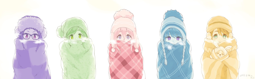 5girls :3 =_= absurdres aqua_eyes beanie blanket blue_hair canine chihuahua chikuwa_(yurucamp) commentary_request dated earmuffs glasses green_eyes hat highres inuyama_aoi kagamihara_nadeshiko kuzumochiko lineup long_hair looking_at_viewer multiple_girls oogaki_chiaki pink_hair purple_eyes purple_hair saitou_ena shima_rin short_hair thick_eyebrows white_background yurucamp