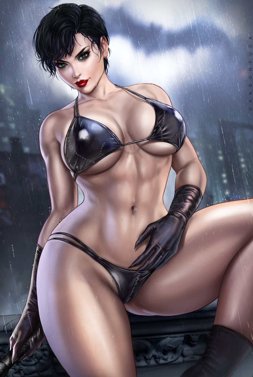 1girls abs batman:_arkham_city batman_(series) big_breasts bikini bikini_bottom bikini_top black_hair black_pubic_hair boots bra breasts catwoman child_bearing_hips cleavage clothes clothing collar dandon_fuga dc dc_comics female female_focus female_only fit fit_female gloves green_eyes hips holding_object holding_whip large_breasts legs looking_at_viewer naughty_face navel nipples pubic_hair pubic_hair_peek rain raining red_lipstick rooftop runny_makeup runny_mascara seductive seductive_eyes seductive_look seductive_smile selina_kyle short_hair solo solo_female solo_focus thick_hips thick_thighs thighs toned toned_female underwear water wet wet_body wet_hair wet_skin whip wide_hips