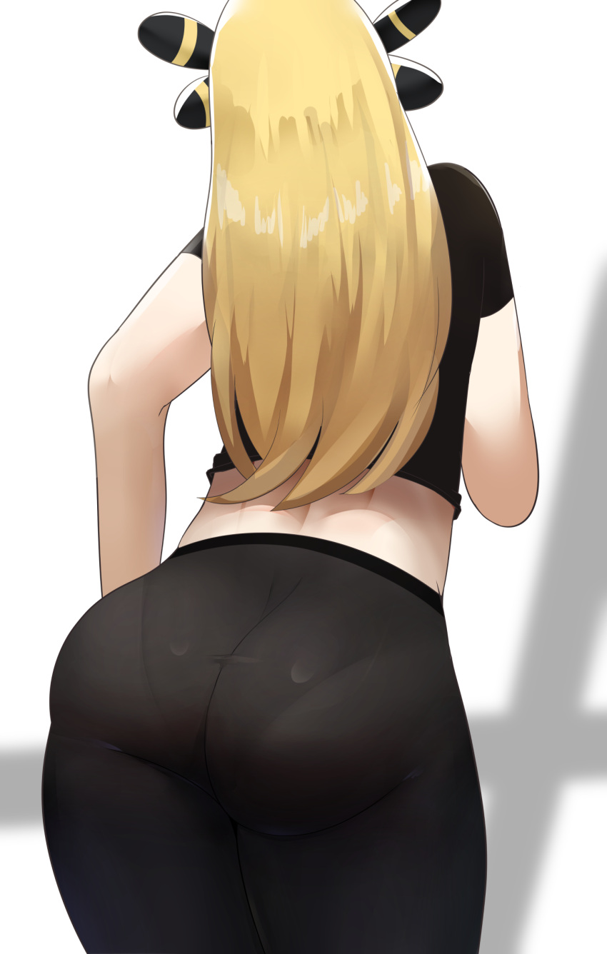 alternate_costume ass black_pants black_shirt blonde_hair commentary cowboy_shot crop_top cropped_shirt cynthia_(pokemon) facing_away female from_behind hair_ornament highres leaning_forward midriff pants pantylines pokemon pokemon_dppt sana!rpg shirt short_sleeves solo tight_clothes tight_pants white_background yoga_pants