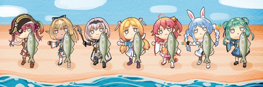 6+girls :< :| ahoge aki_rosenthal aki_rosenthal_(1st_costume) animal_crossing animal_ears beach blonde_hair blue_hair bow carrot check_commentary chibi closed_mouth commentary_request corsair detached_hair detached_sleeves double_bun dress eyepatch fish green_hair grey_hair hair_bun hair_ornament hairbow hololive houshou_marine houshou_marine_(1st_costume) mace multiple_girls nontraditional_miko outdoors pink_hair pointy_ears ponytail rabbit_ears red_hair saiguchi_otoufu sakura_miko sakura_miko_(1st_costume) shiranui_flare shiranui_flare_(old_design) shirogane_noel shirogane_noel_(1st_costume) short_hair twintails uruha_rushia uruha_rushia_(1st_costume) usada_pekora usada_pekora_(1st_costume) virtual_youtuber weapon x_hair_ornament