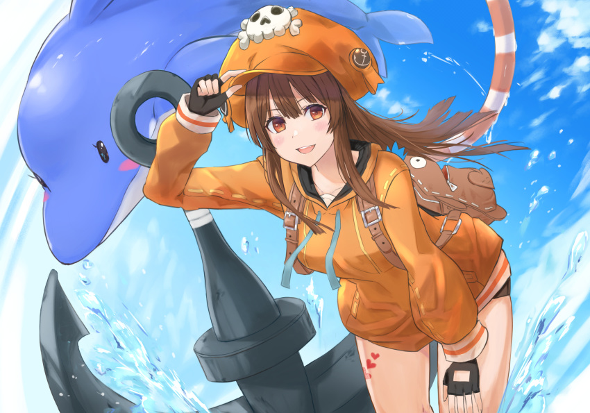 anchor backpack bag black_gloves black_shorts blush brown_eyes brown_hair commentary_request day dolphin drawstring enporion female fingerless_gloves gloves guilty_gear guilty_gear_strive hat heart highres hood hoodie leaning_forward long_hair long_sleeves looking_at_viewer may_(guilty_gear) open_mouth orange_hat orange_hoodie pirate pirate_hat short_shorts shorts skull_and_crossbones sky smile solo water