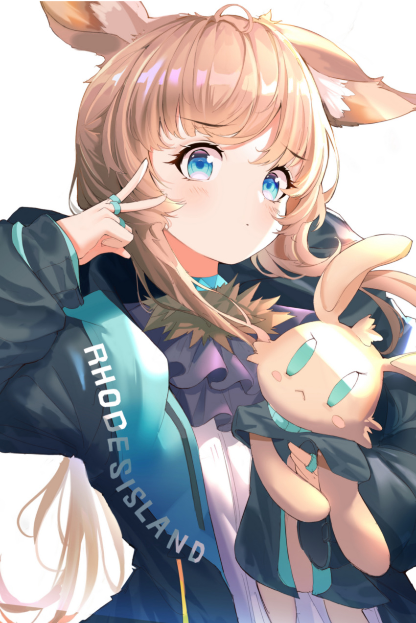 >:( absurdres ahr_tato alternate_hair_color amiya_(arknights) animal_ear_fluff animal_ears arknights ascot black_hoodie blonde_hair blue_eyes blush choshanland_plushy_(arknights) commentary female hand_up highres holding holding_stuffed_toy hood hoodie jacket jewelry long_hair looking_at_viewer rabbit_ears ring simple_background sleeves_past_wrists solo stuffed_animal stuffed_rabbit stuffed_toy symbol-only_commentary v v-shaped_eyebrows white_background