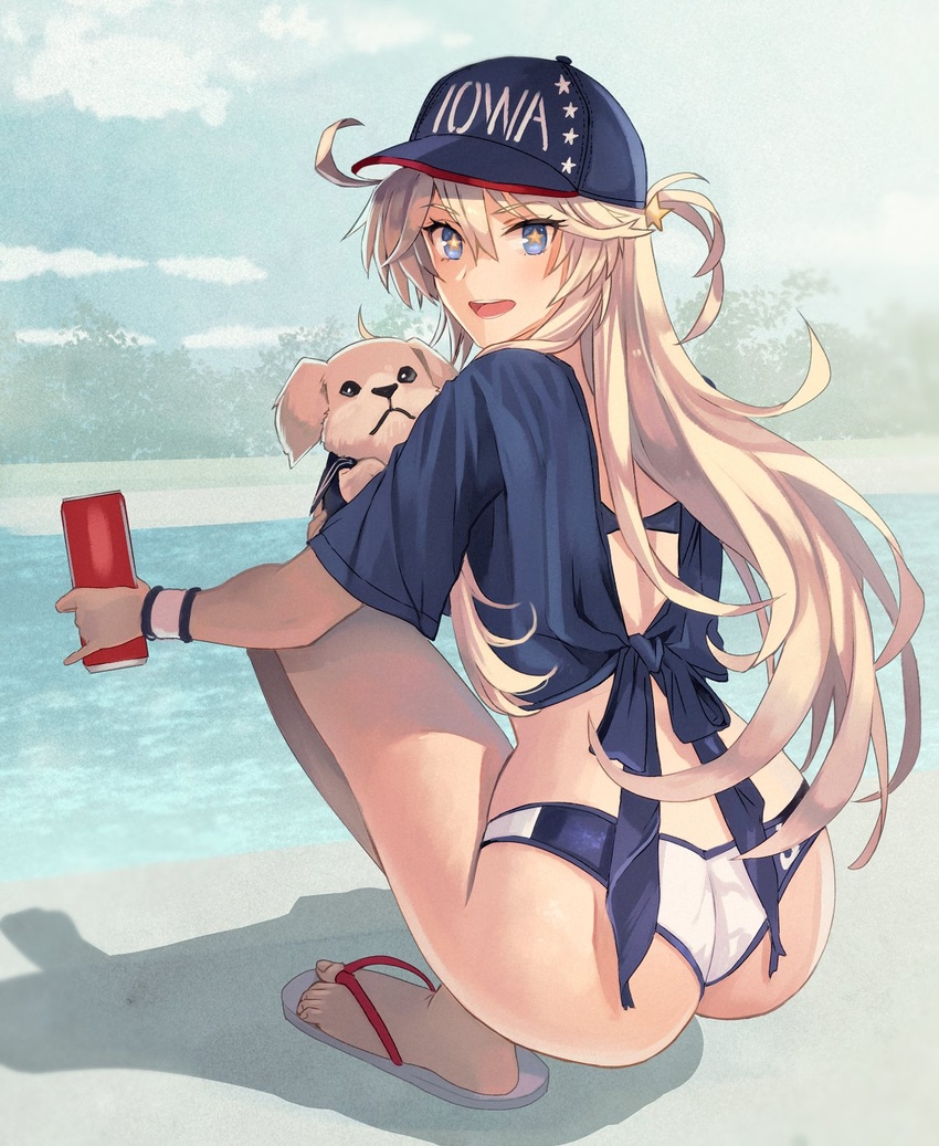 animal ass back baseball_cap bikini bikini_bottom_only blonde_hair blue_eyes blue_shirt can canine commentary crop_top feet female flip-flops from_behind full_body hair_between_eyes hat highres holding holding_can iowa_(kancolle) kantai_collection kasumi_(skchkko) long_hair looking_at_viewer looking_back open_mouth print_headwear puppy sandals shirt side_ahoge smile solo squatting star-shaped_pupils star_(symbol) swimsuit symbol-shaped_pupils thighs tied_shirt toes victory_(dog) water wristband