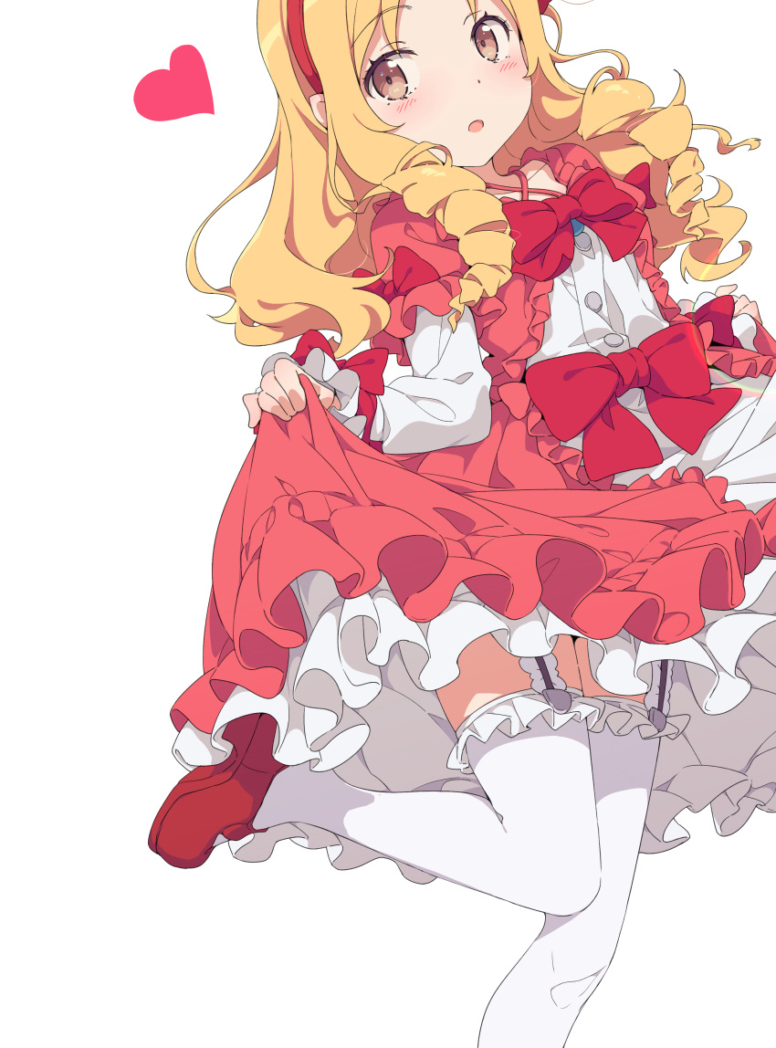 :o absurdres blonde_hair blush bow brown_hair clothes_lift commentary_request dress dress_lift drill_hair eromanga_sensei female garter_straps hairband has_bad_revision has_downscaled_revision heart highres leg_up lolita_fashion long_hair looking_at_viewer md5_mismatch ogipote pink_dress pointy_ears red_bow resolution_mismatch simple_background skirt_hold solo source_smaller standing standing_on_one_leg thighhighs twin_drills white_background white_thighhighs yamada_elf