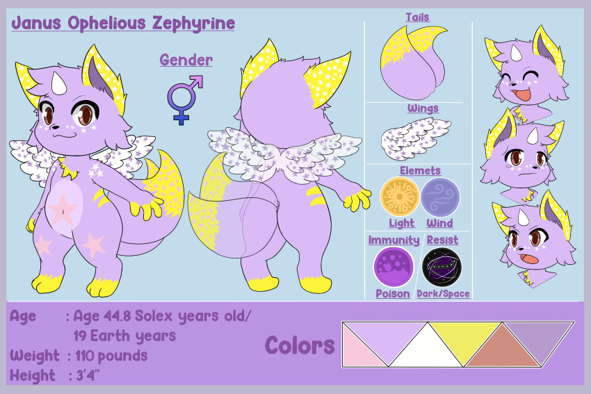 2_tails 3:2 absurd_res ambiguous_gender anthro auburn_eyes belly blue_border border chest_tuft english_text exadian head_tuft herm_(lore) hi_res hiro_catto horn janus_zephyrine model_sheet multi_tail solo star tail text tuft wings