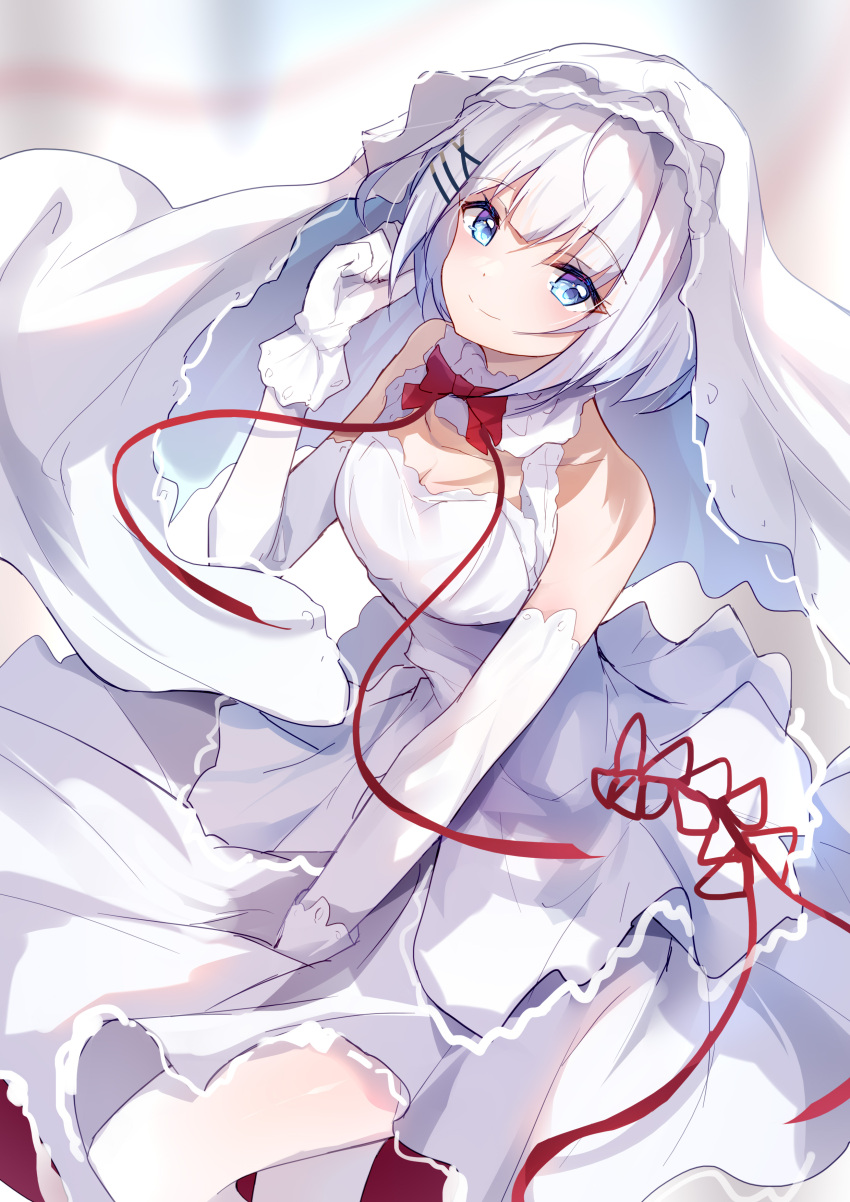 absurdres blue_eyes bride dress elbow_gloves female gloves highres kaga_mi pantyhose red_ribbon ribbon short_hair siesta_(tantei_wa_mou_shindeiru) solo tantei_wa_mou_shindeiru white_dress white_gloves white_hair white_pantyhose