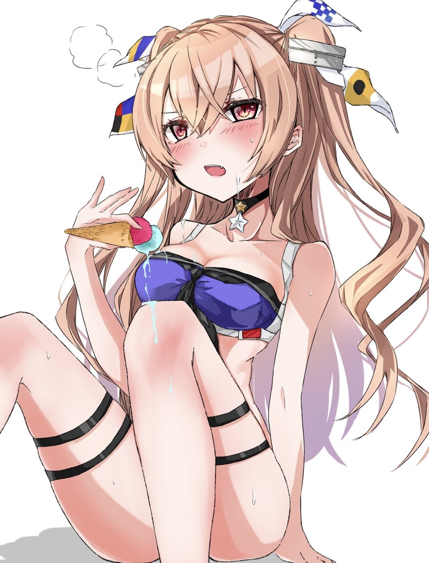 bikini black_choker blue_bikini breasts brown_eyes chigasaki_yukari choker collarbone commentary_request feet_out_of_frame female hair_ornament hair_ribbon highres johnston_(kancolle) johnston_kai_(swimsuit_mode)_(kancolle) kantai_collection light_brown_hair long_hair medium_breasts ribbon simple_background sitting solo spill swimsuit two_side_up white_background