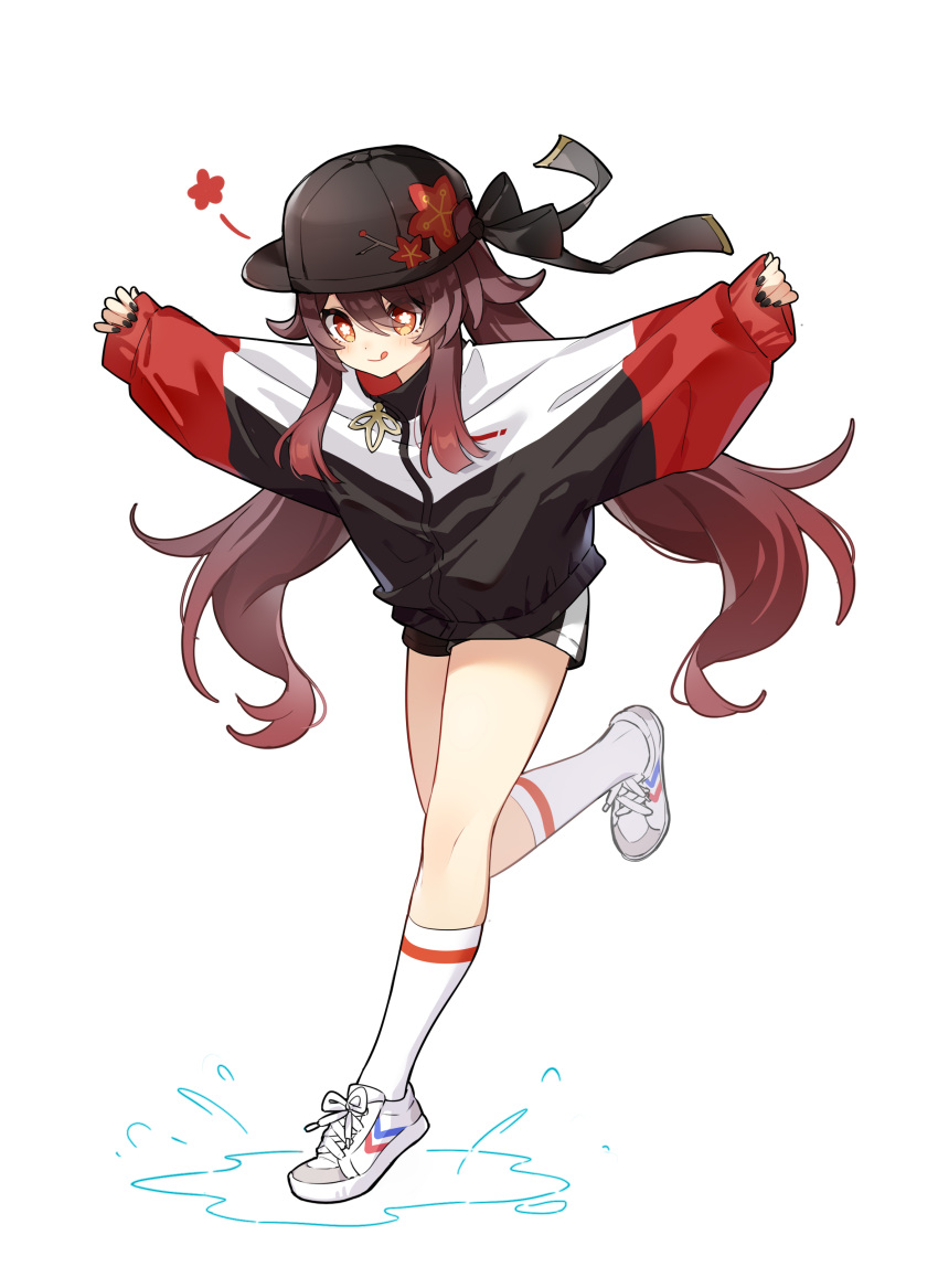 :p absurdres black_hat black_nails brown_hair casual female flat_cap flower full_body genshin_impact hat hat_flower highres hu_tao_(genshin_impact) jacket legs long_sleeves nail_polish outstretched_arms puddle red_eyes shao_(shaorouhong) shoes shorts simple_background socks solo spread_arms symbol-shaped_pupils tongue tongue_out track_jacket twintails white_background wide_sleeves