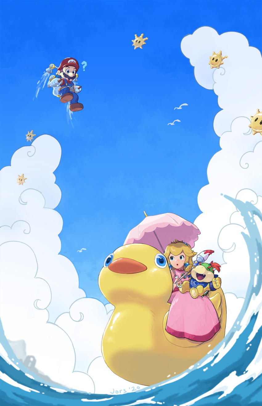 2boys absurdres beach_umbrella big_nose blonde_hair blue_eyes blue_sky bowser_jr. brooch commentary day dress english_commentary f.l.u.d.d. facial_hair fangs female hat highres inflatable_boat jewelry jors long_hair mario_(series) midair moustache multiple_boys paintbrush pink_dress princess_peach princess_peach_(sunshine) red_hair shine_sprite short_hair sky sleeveless sleeveless_dress super_mario_sunshine umbrella water