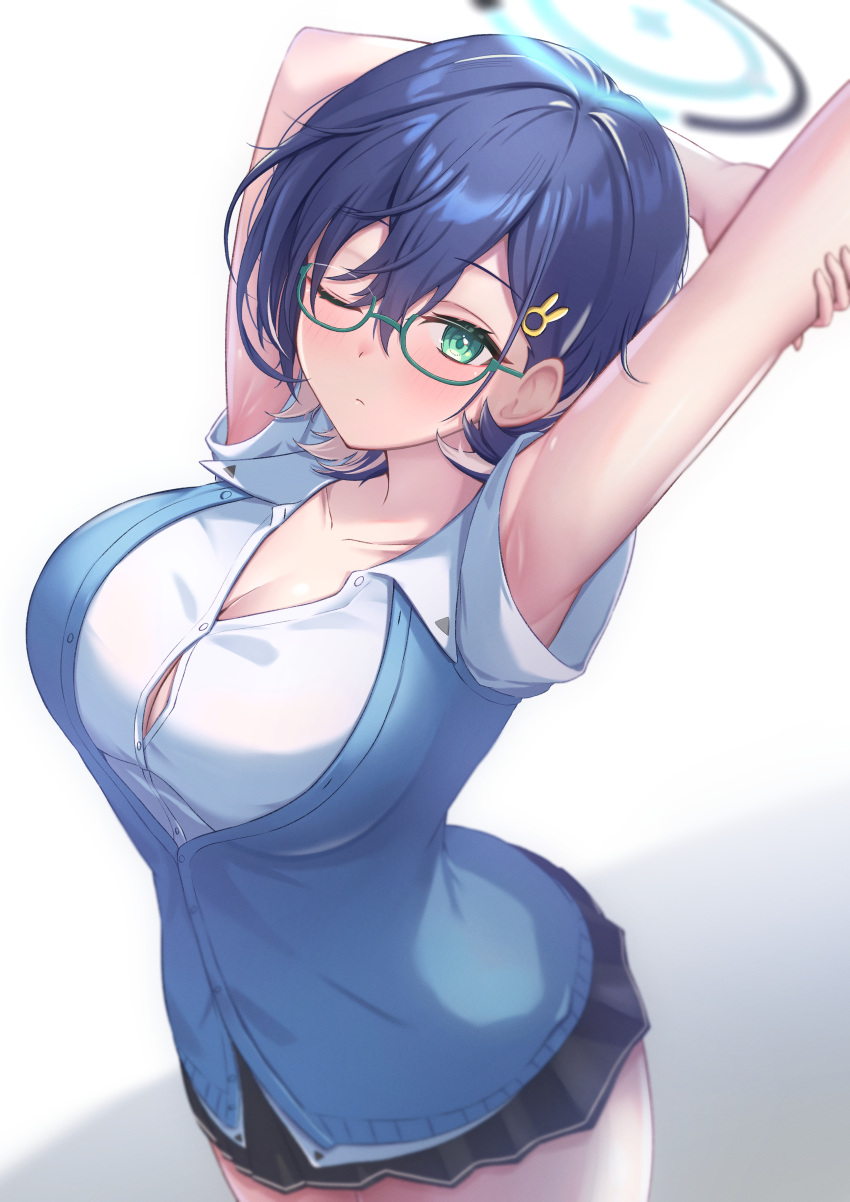 absurdres arms_up blue_archive blue_cardigan blue_hair breasts cardigan chihiro_(blue_archive) cleavage commentary female glasses green_eyes halo highres large_breasts neko_punch_(user_hddm3373) one_eye_closed pleated_skirt shirt skirt solo stretching white_shirt