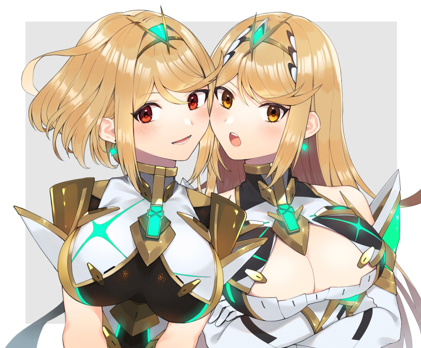 2girls alternate_color alternate_hair_color bare_shoulders blonde_hair breasts chest_jewel cleavage cleavage_cutout clothing_cutout cosplay elbow_gloves gloves headpiece highres kinagi_(3307377) large_breasts long_hair multiple_girls mythra_(xenoblade) mythra_(xenoblade)_(cosplay) pyra_(xenoblade) red_eyes short_hair swept_bangs tiara very_long_hair white_gloves xenoblade_chronicles_(series) xenoblade_chronicles_2 yellow_eyes