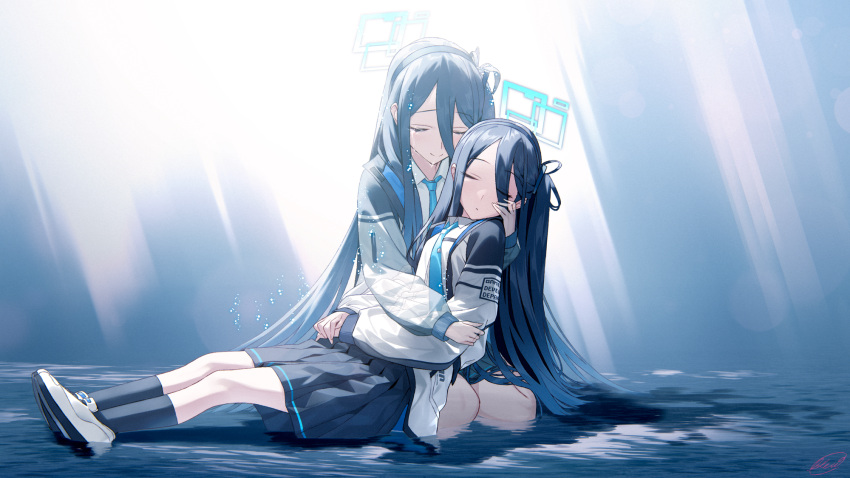 <key>_(blue_archive) 2girls absurdly_long_hair android aris_(blue_archive) black_hair black_skirt black_socks blew_andwhite blue_archive blue_necktie closed_eyes closed_mouth coat commentary_request cradling_head dual_persona halo highres jacket light_rays long_hair miniskirt multiple_girls necktie shallow_water shoes skirt smile sneakers socks spoilers tears very_long_hair water white_footwear white_jacket