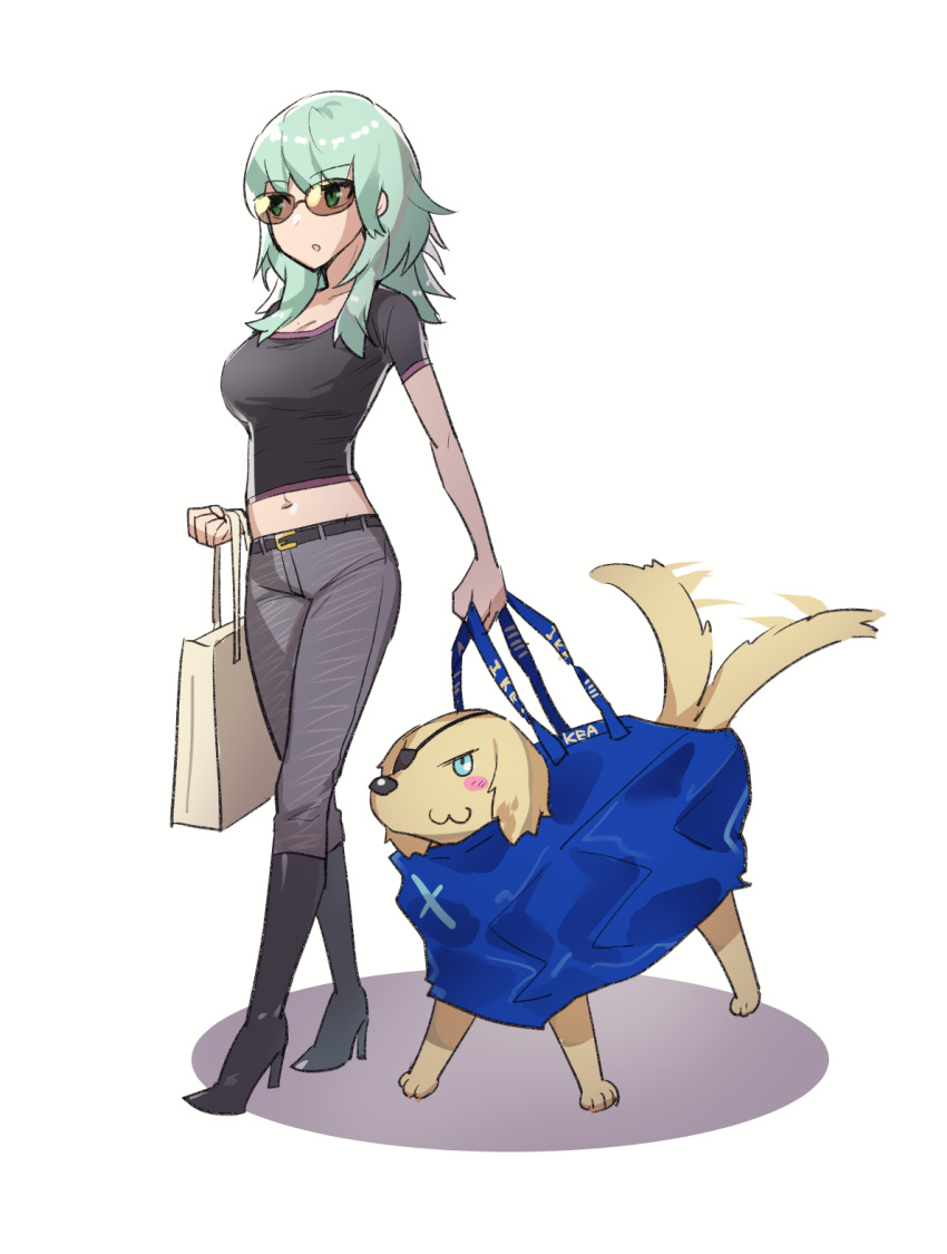 :3 animalization bag black_footwear black_shirt boots breasts byleth_(female)_(fire_emblem) byleth_(fire_emblem) commentary_request crop_top dimitri_alexandre_blaiddyd eyepatch female fire_emblem fire_emblem:_three_houses green_eyes green_hair grey_pants high_heel_boots high_heels highres holding holding_bag ikea ikea_bag large_breasts long_hair midriff navel pants shirt shopping_bag short_sleeves simple_background sunglasses tail tail_wagging white_background yomusugara_(uzo-muzo)