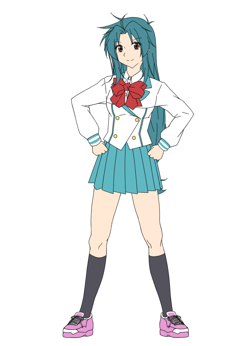 absurdres black_socks blue_hair bow breasts brown_eyes chidori_kaname closed_mouth commentary female full_body full_metal_panic hands_on_own_hips highres jindai_high_school_uniform kneehighs long_hair looking_at_viewer low-tied_long_hair maru_sashi medium_breasts school_uniform shirt skirt smile socks solo white_background