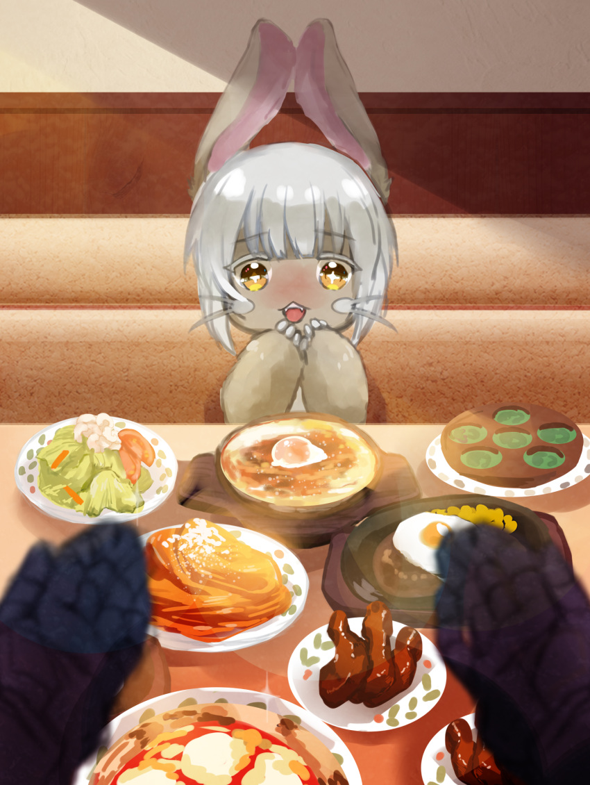 1boy 1other aigina00 animal_ears bondrewd commentary_request doria_(food) food furry grey_hair hamburger_steak highres indoors made_in_abyss margherita_pizza nanachi_(made_in_abyss) open_mouth pasta pizza pov pov_across_table pov_hands restaurant saizeriya salad spaghetti sparkling_eyes table yellow_eyes