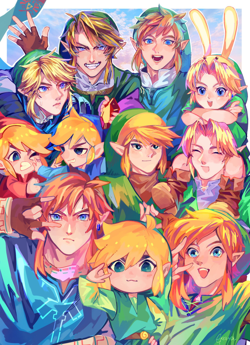 6+boys :3 :d \m/ absurdres animal_hood arm_around_shoulder blonde_hair blue_eyes bunny_hood_(zelda) champion's_tunic_(zelda) closed_eyes closed_mouth crossed_arms earrings epaya_hakase fingerless_gloves gloves green_headwear green_tunic grin happy hat highres hood hyrule_warriors jewelry link looking_at_another male_focus multiple_boys multiple_persona one_eye_closed open_mouth pointy_ears rabbit_hood rupee_(zelda) scarf single_earring sitting_on_shoulder smile sweatdrop the_legend_of_zelda the_legend_of_zelda:_a_link_to_the_past the_legend_of_zelda:_breath_of_the_wild the_legend_of_zelda:_four_swords the_legend_of_zelda:_majora's_mask the_legend_of_zelda:_ocarina_of_time the_legend_of_zelda:_skyward_sword the_legend_of_zelda:_the_wind_waker the_legend_of_zelda:_twilight_princess the_legend_of_zelda_(nes) toon_link young_link