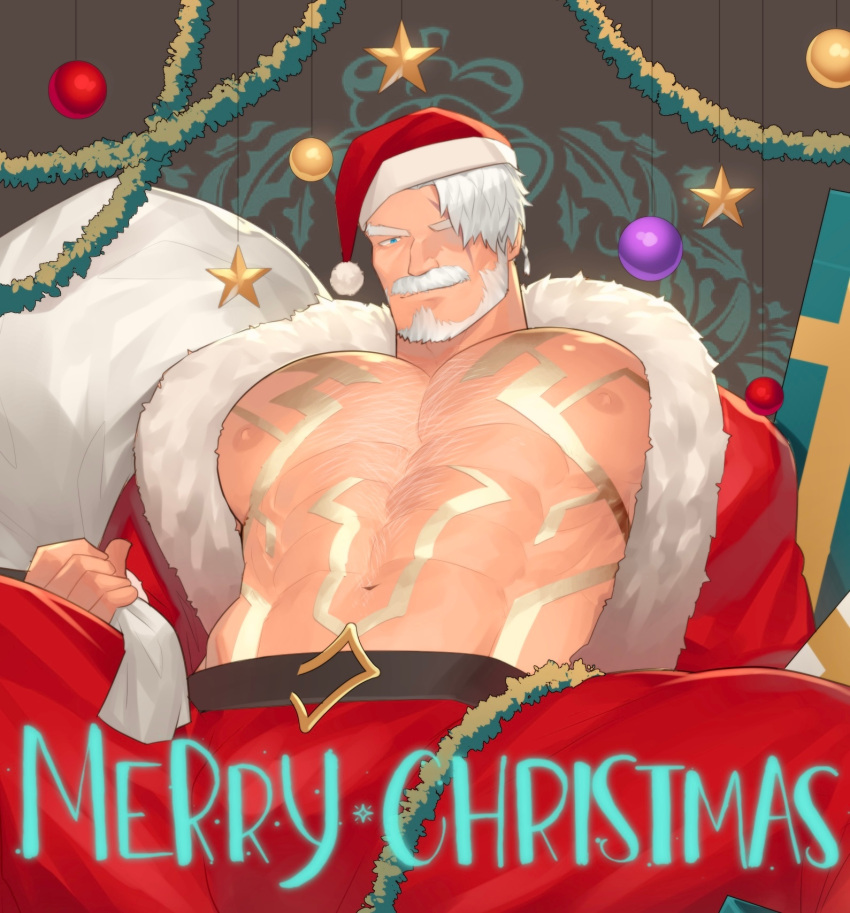 1boy abs bara bare_pectorals beard body_markings bulge chest_hair christmas come_hither commentary facial_hair hat highres hunterkay large_pectorals looking_at_viewer male_focus merry_christmas moustache muscular muscular_male nipples original pectorals santa_costume santa_hat seductive_smile short_hair smile solo spread_legs stomach swept_bangs symbol-only_commentary undressing white_hair