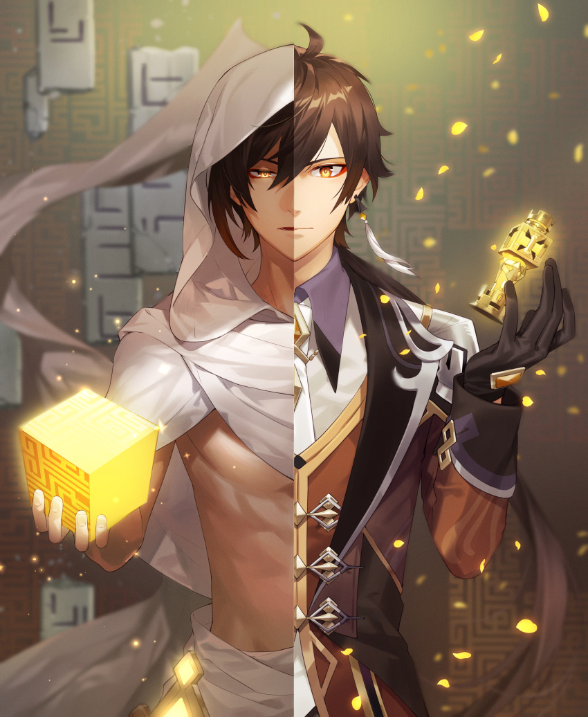 1boy absurdres black_gloves black_hair brown_hair chess_piece cloak closed_mouth cosplay cube earrings formal genshin_impact gloves glowing gnosis_(genshin_impact) hair_between_eyes highres hood hood_up hooded_cloak jacket jewelry long_hair long_sleeves looking_at_viewer male_focus midriff multicolored_hair official_alternate_costume open_mouth ponytail simple_background single_earring solo split split_screen split_theme spoilers statue_of_the_seven statue_of_the_seven_(cosplay) suit tassel tassel_earrings throne ujou yellow_eyes zhongli_(archon)_(genshin_impact) zhongli_(genshin_impact)